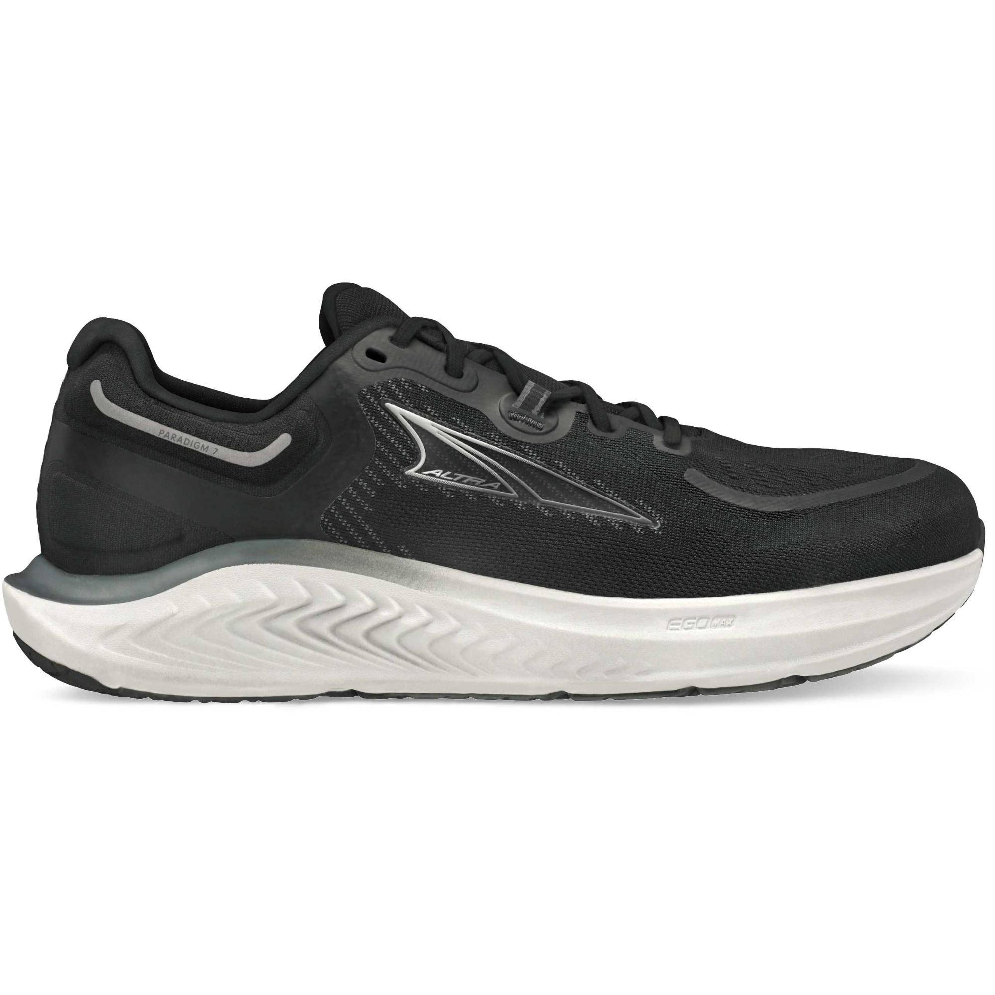 Men's Altra Paradigm 7 running shoe in gray and orange, featuring a breathable mesh upper, cushioned sole, and a standard fit, size 8.5.