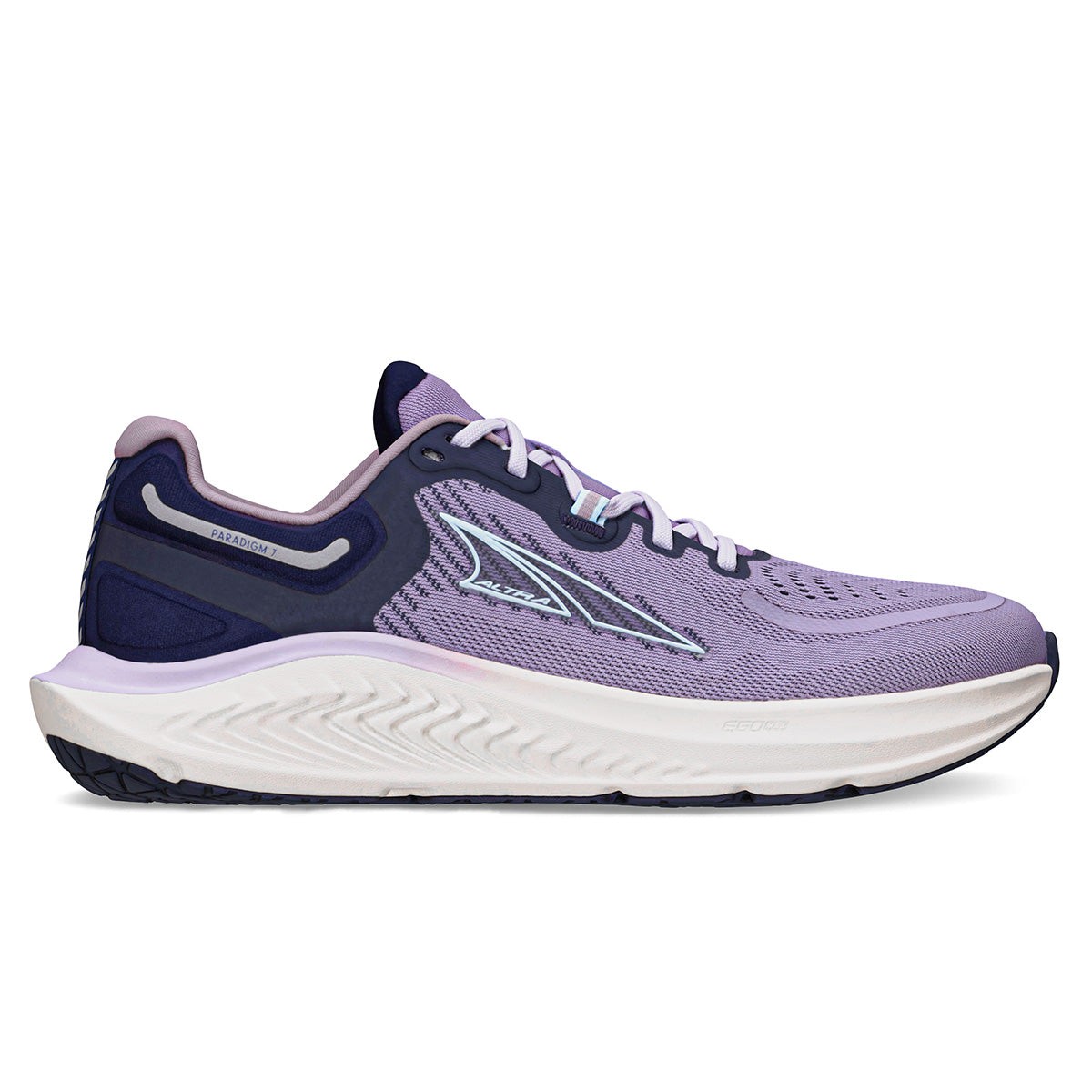 Purple Altra Paradigm 7 women's running shoe featuring a breathable mesh upper, cushioned sole, and a sleek design with contrasting navy accents.