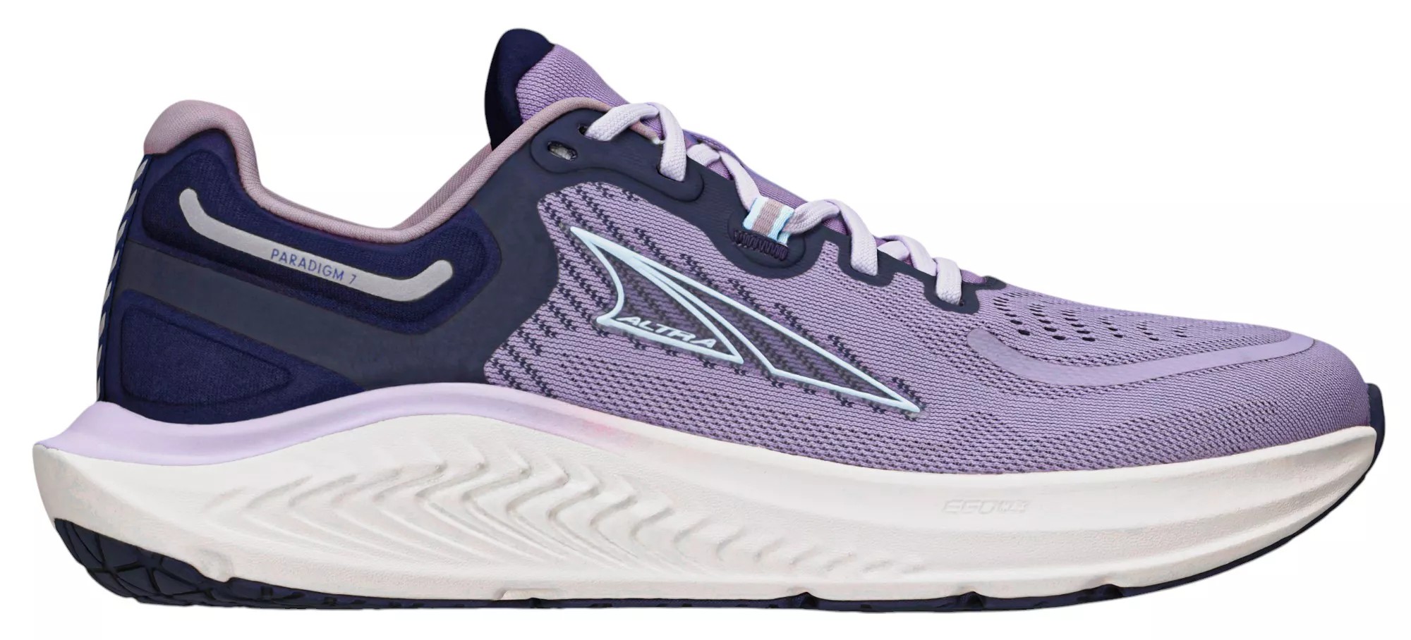 Purple Altra Paradigm 7 women's running shoe featuring a breathable mesh upper, cushioned sole, and reflective detailing, designed for comfort and support.