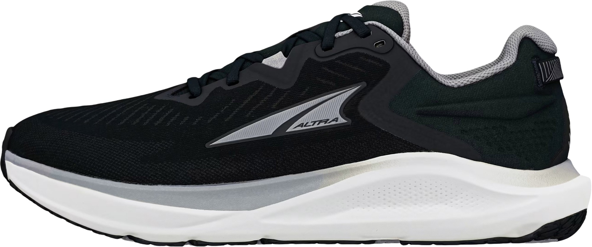 Black and gray Altra Paradigm 8 performance running shoes featuring a breathable mesh upper, cushioned sole, and reflective detailing for visibility.