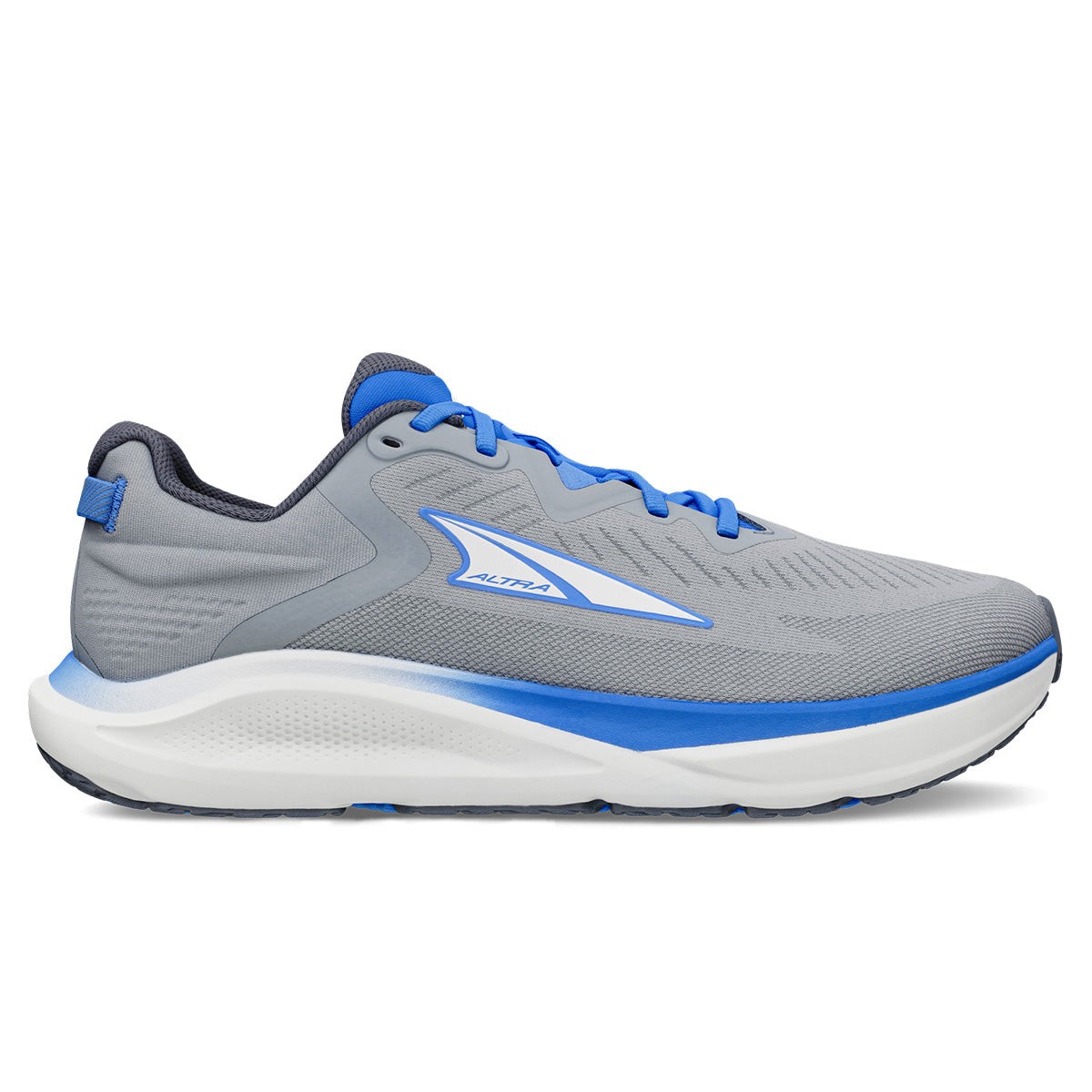 Men's Altra Paradigm 8 running shoes in blue and gray, featuring a lightweight mesh upper, cushioned sole, and a sleek design, size 11.5, ideal for comfort and support.