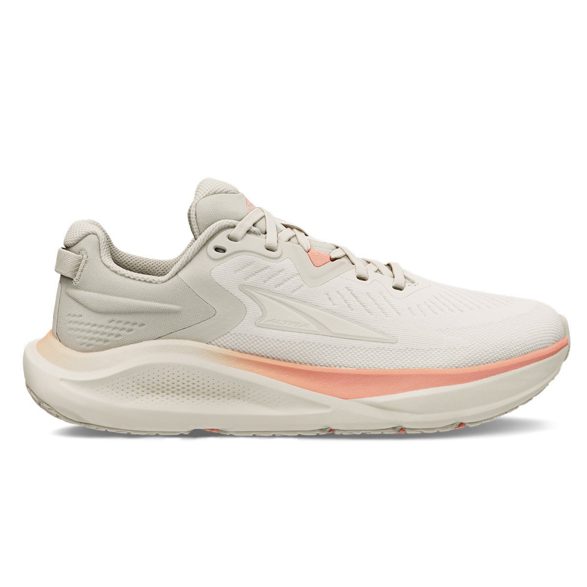 Tan and light pink women's running shoes featuring a breathable mesh upper, cushioned sole, and a sleek design, size 9, by Altra.