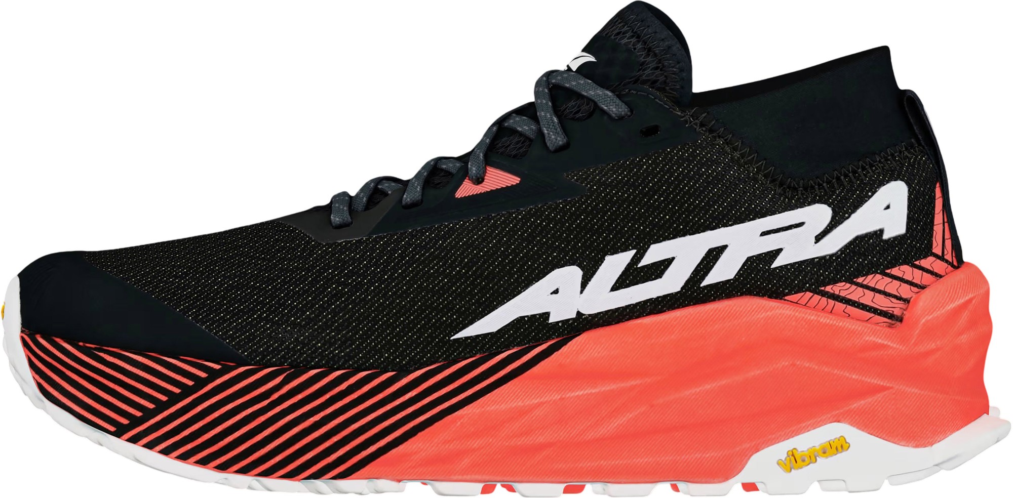 Altra Women's Olympus 275 Trail Shoe features a black upper with vibrant coral accents, a cushioned sole, and a distinctive striped design for enhanced traction and stability.