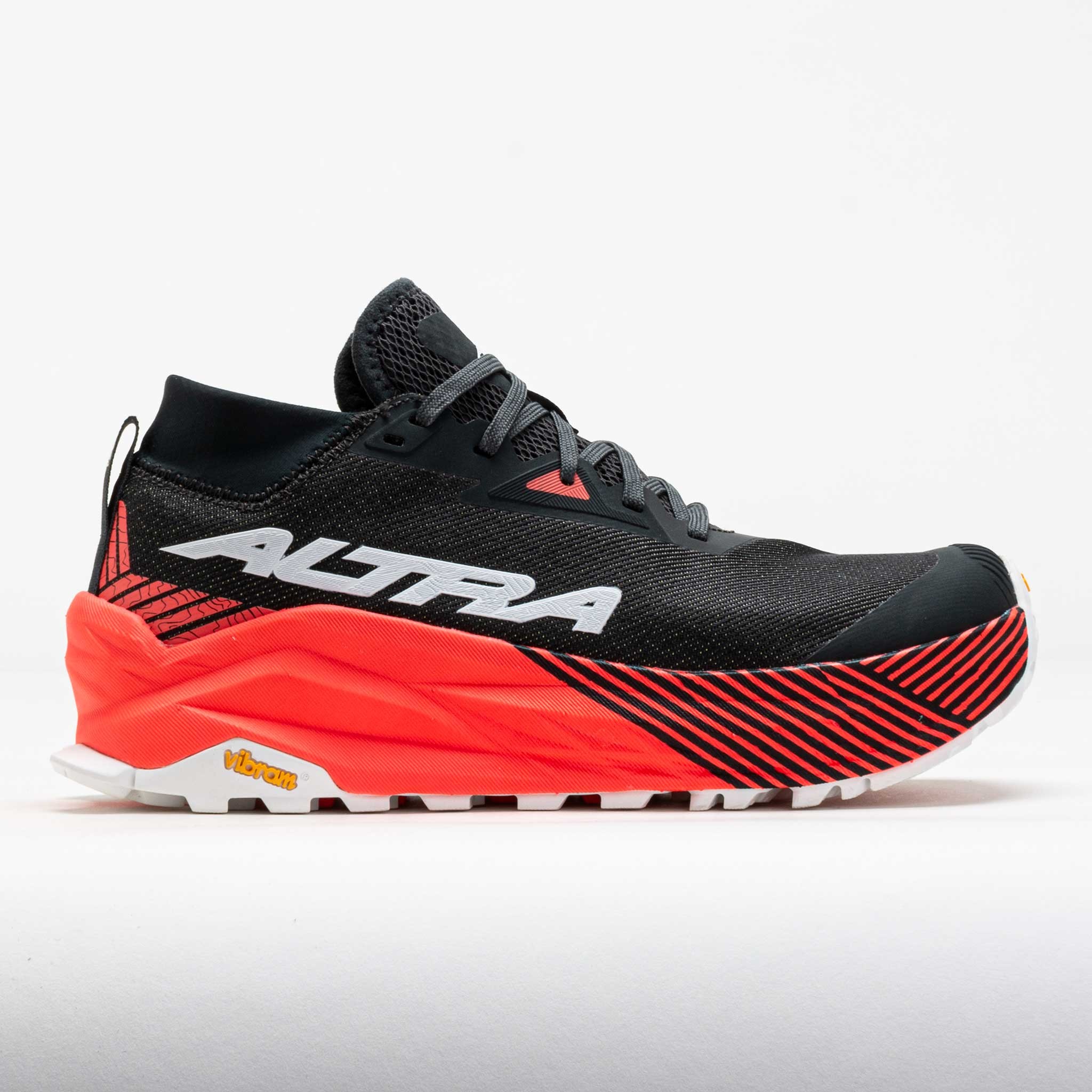 Black and orange trail shoe featuring a breathable mesh upper, cushioned sole, and prominent Altra branding on the side, designed for rugged terrain.