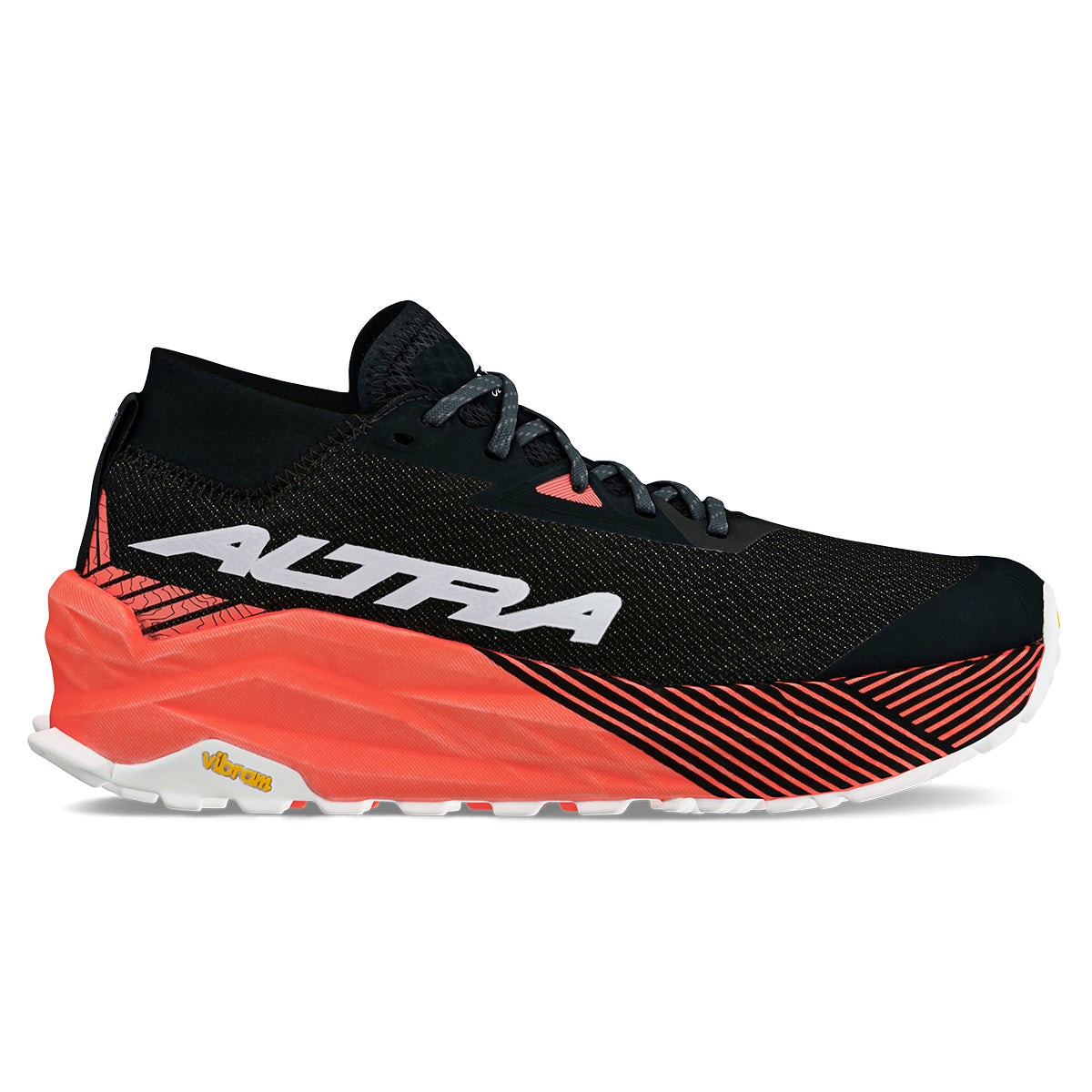 Black and orange trail shoe featuring a breathable mesh upper, cushioned midsole, and Vibram outsole for traction, with "ALTRA" prominently displayed on the side.
