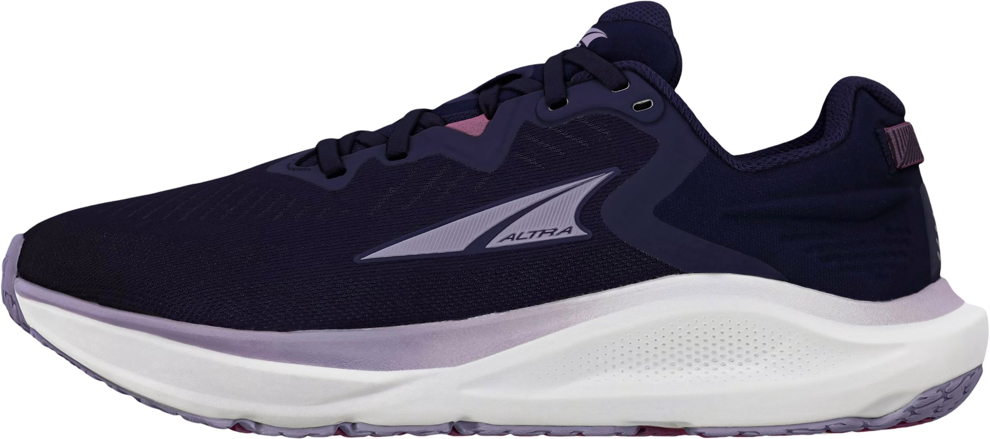 Navy running shoe with a breathable mesh upper, cushioned sole, and pink accents, featuring Altra branding on the side and a standard fit, size 10.