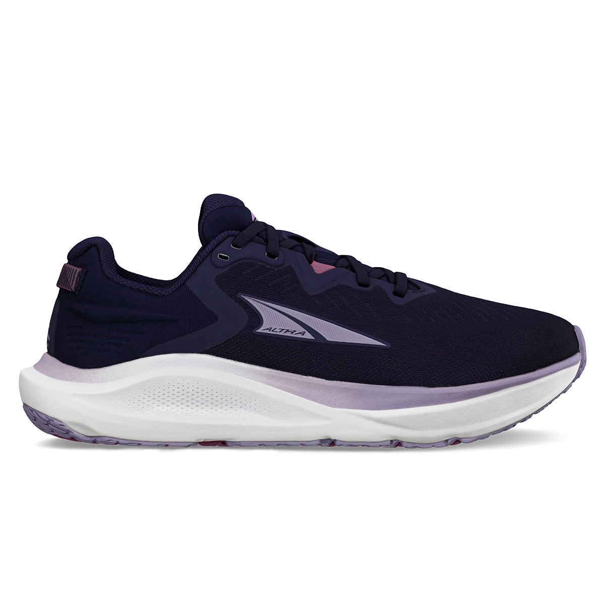 Women's Altra Paradigm 8 running shoes in navy with purple accents, featuring a breathable mesh upper, cushioned sole, and a sleek design for comfort and performance.