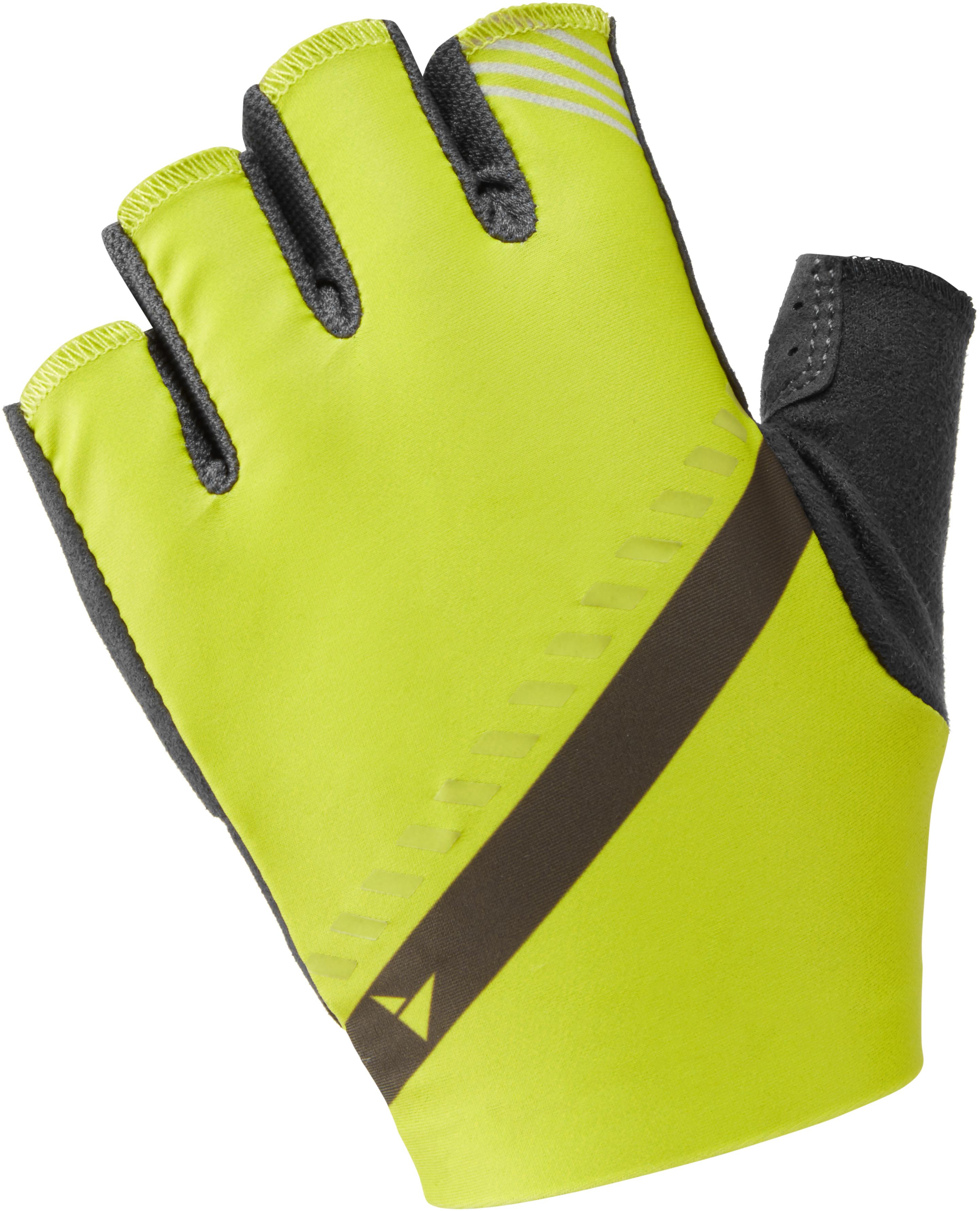 Lime and olive cycling mitts with black accents, padded palms, and fingerless design by Altura.