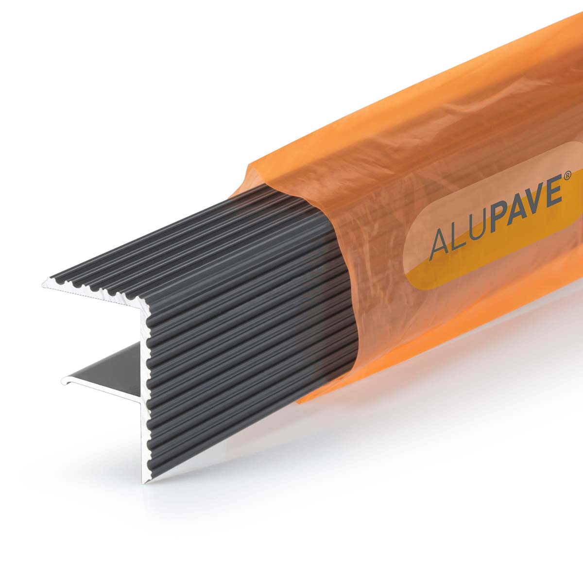 Alupave fireproof decking board endstop bar in grey, 3 meters long, featuring a durable aluminum construction with ribbed surface for enhanced grip.