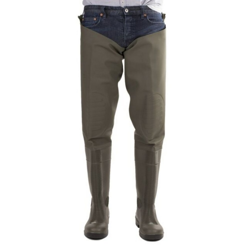 Green Amblers Safety Forth thigh safety waders in size 6.5, made of durable material with reinforced knee panels and sturdy rubber boots for enhanced protection.