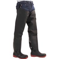Black Amblers Safety Rhone thigh wader with red soles, waterproof material, and adjustable straps.