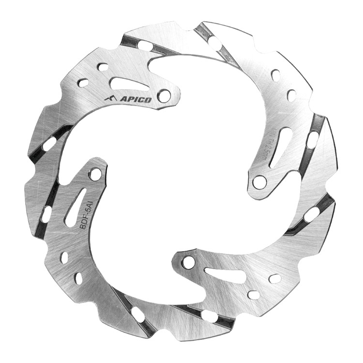 Circular stainless steel brake disc with a polished finish, featuring cutouts and a wave design, compatible with KTM SX50 (2005-2024) and Husqvarna TC50 (2017-2024).