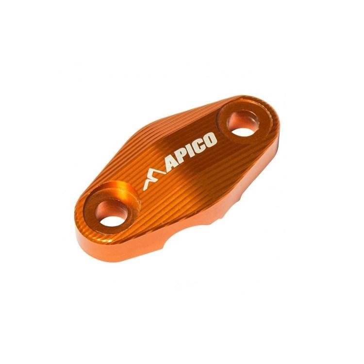 Orange aluminum brake hose clamp with a textured surface and two mounting holes, featuring the "APICO" logo, designed for KTM SX/SXF and EXC/EXC-F models from 2015 to 2024.