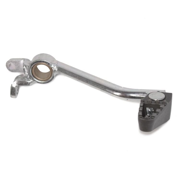Silver metal brake pedal with a curved arm, featuring a textured black rubber footpad and a circular pivot point, designed for Beta Rev 80 and Evo 80 trial bikes.