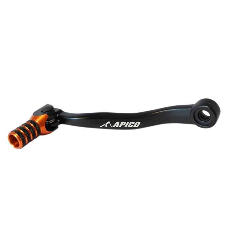 Black gear pedal with an orange grip, featuring a textured surface for enhanced traction, designed for KTM SX/EXC/TPI 250/300 models from 2017 to 2022, branded with "Apico."