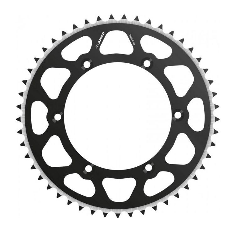 Black Apico Evolite rear sprocket with 48 teeth, featuring a lightweight design and cut-out sections for reduced weight, compatible with Husqvarna TE/TC/FE/FC models from 2000 to 2024.