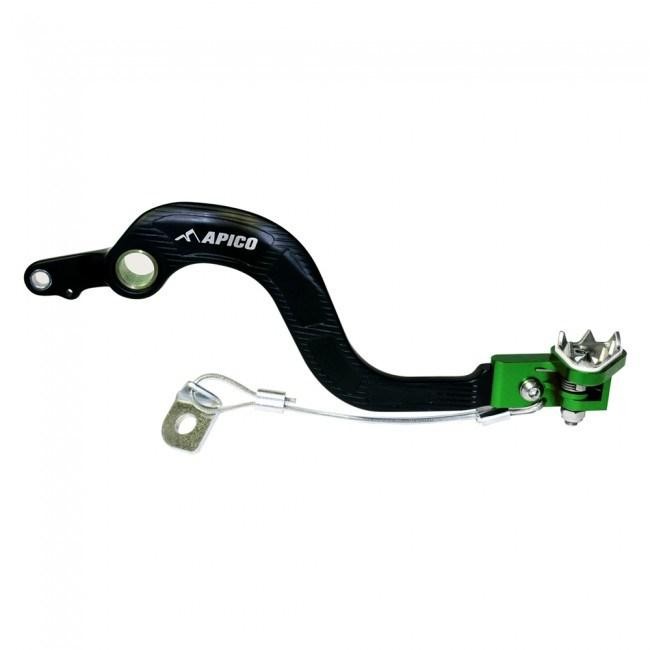 Apico forged brake pedal for Kawasaki KX65, featuring a sleek black finish with green accents, durable metal construction, and a unique design for enhanced performance.