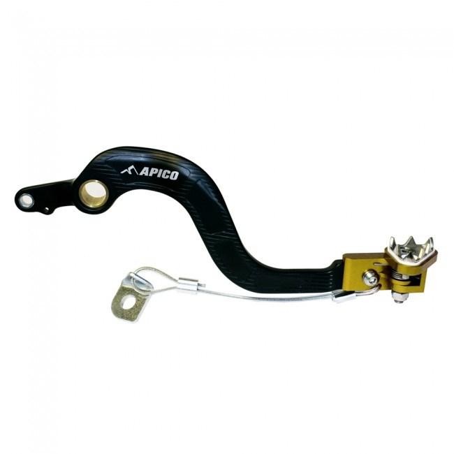 Forged black brake pedal with yellow accents, featuring a textured surface and a sturdy design, specifically made for Suzuki RM250 models from 2001 to 2008.