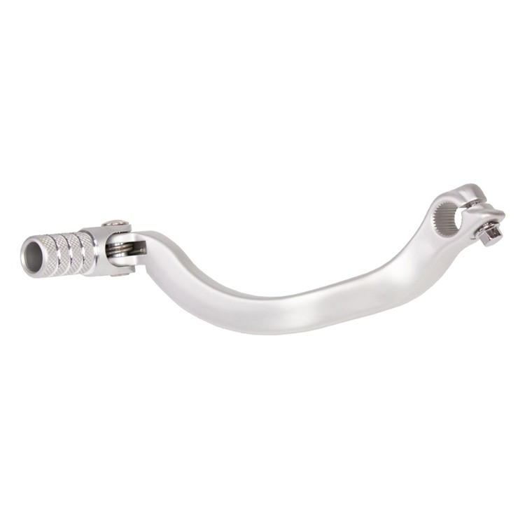 Silver forged gear pedal designed for Suzuki RM125 (1989-2008) and RM250 (1989-2000), featuring a sleek curved shape and textured grip for enhanced control.