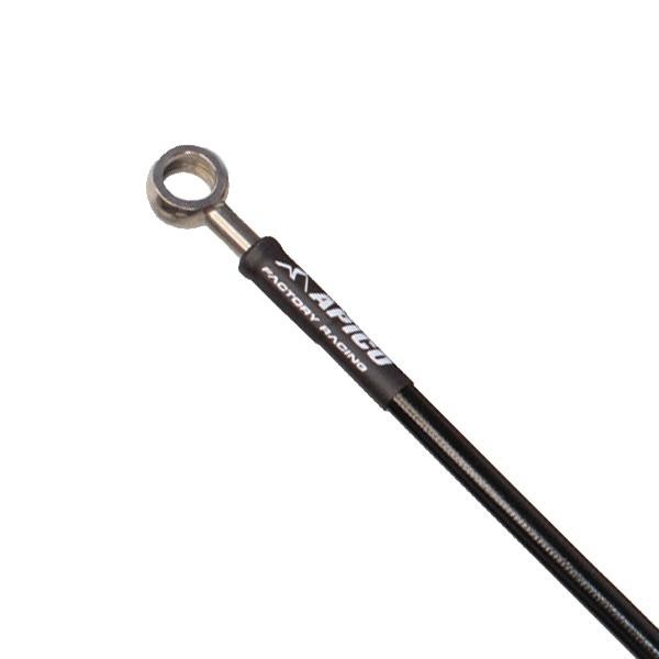 Black brake hose with a metal end fitting, featuring the Apico logo, designed for Honda CR85 (2006-07) and CRF150R (2007-24) models.