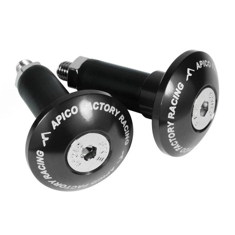 Black 14mm handlebar bar end plugs by Apico, featuring a sleek design with a shiny silver center and engraved "Apico Factory Racing" text, made from durable material.
