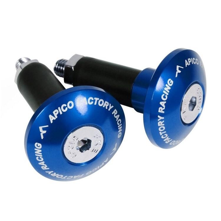 Blue aluminum handlebar bar end plugs with a shiny finish, featuring "APICO FACTORY RACING" engraved on the sides and a 14mm diameter for a secure fit.