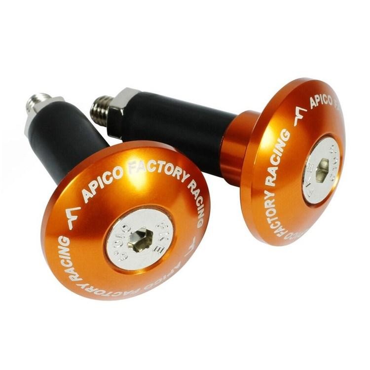 Orange aluminum handlebar bar end plugs with a shiny finish, featuring the "APICO FACTORY RACING" logo and a black rubber base, designed for 14mm handlebars.