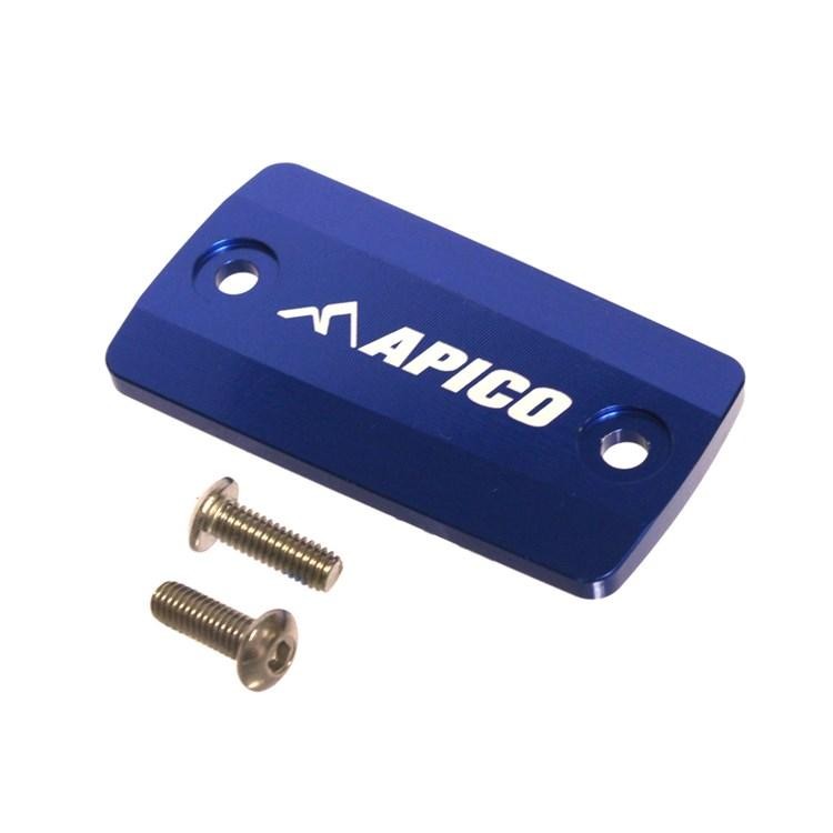 Blue aluminum brake master cylinder cover with the "APICO" logo, featuring two screw holes and accompanied by two metal screws for installation, designed for specific Husqvarna models.