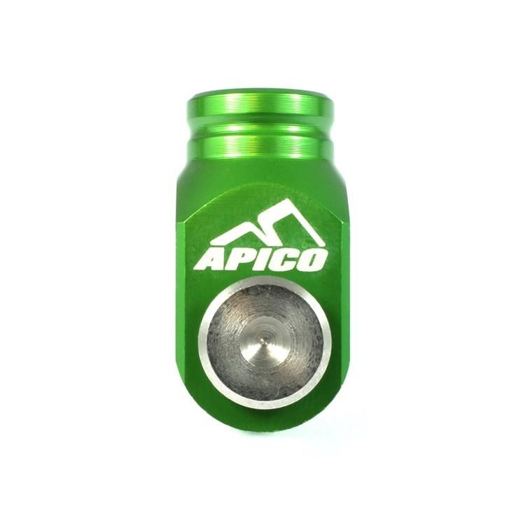 Green aluminum rear brake clevis with a polished metal insert, featuring the "APICO" logo prominently displayed on the side, designed for specific Kawasaki models.