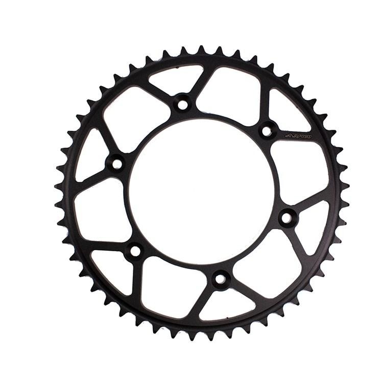 Black carbon steel rear sprocket with 55 teeth, featuring a unique cut-out design, compatible with Honda CR80/85 (1986-2007) and CRF150R (2007-2024).