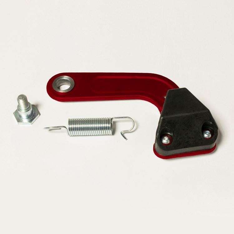 Red Apico Trials Chain Tensioner for Beta Evo 4 Stroke (2009-2025) featuring a curved metal arm, a black rubber stop, a silver spring, and a metal bolt.