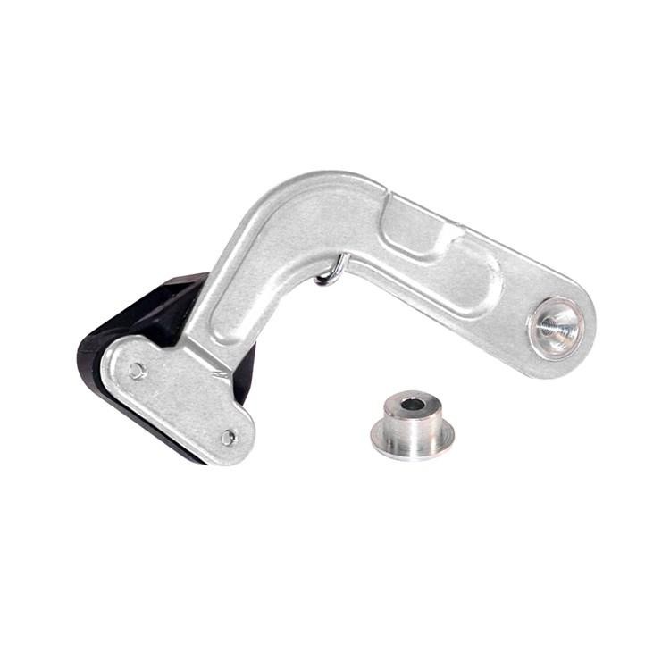 Silver metal chain tensioner with a curved arm and black rubber component, designed for Ossa Trials Bikes from 2011 to 2017, includes a metal spacer.