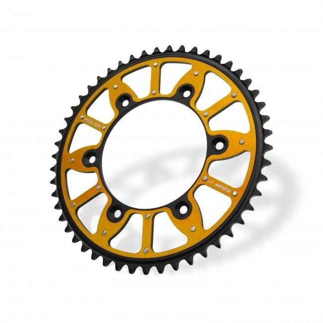 Orange alloy and steel rear sprocket with 45 teeth, featuring a unique design and cutouts, compatible with KTM SX/EXC models from 1990 to 2024.