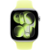 Apple 46mm Neon Yellow Sport Band, bright yellow silicone with adjustable holes, attached to a silver smartwatch.