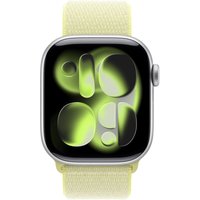 Yellow Apple watch band in nylon, recycled polyester, and spandex, attached to a silver smartwatch with abstract display.