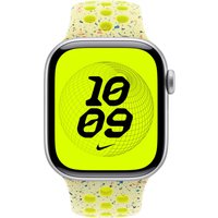 Yellow Apple Watch band, fluoroelastomer with perforated design, attached to silver aluminum smartwatch.