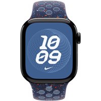 Apple blue fluoroelastomer watch band with perforated design on smartwatch display showing time.
