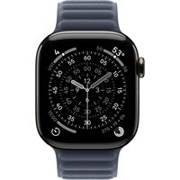 Navy polyester Apple watch band with ribbed texture attached to a black smartwatch displaying an analog clock face.