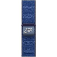 Blue Apple Nike Sport Loop Band with "RUN" text, made of nylon, recycled polyester, and spandex.