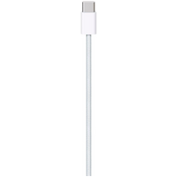 White Apple USB-C woven charge cable, 1m length, with sleek connectors and durable braided design.