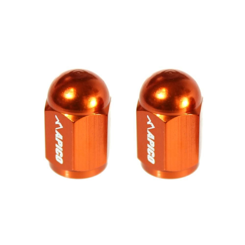 Two orange aluminum valve caps with a polished finish, featuring a rounded top and engraved "Apico" logo, designed for durability and style.