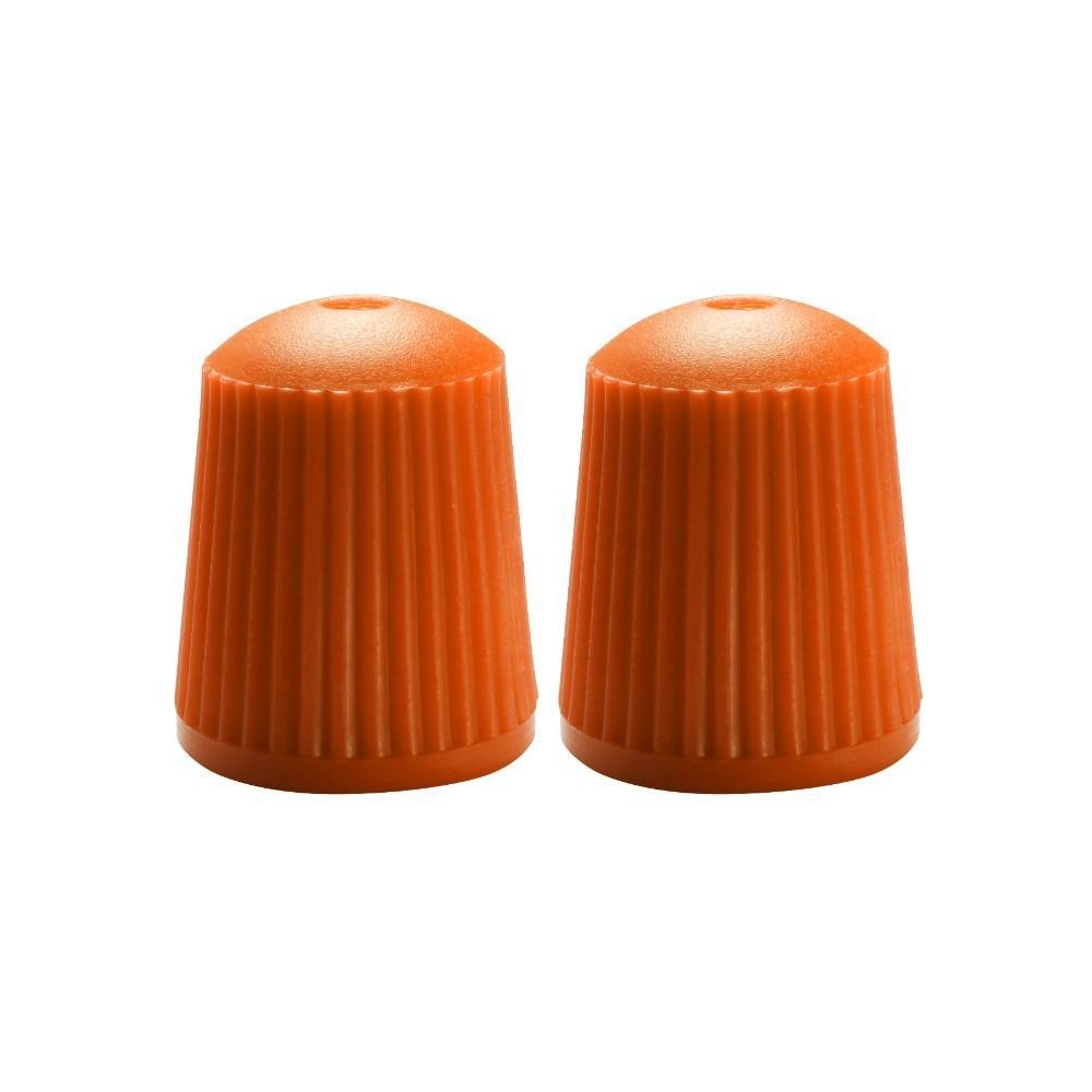 Ten orange silicone valve caps with a ribbed texture and a rounded top, designed for durability and a secure fit, packaged in a compact set by Apico.
