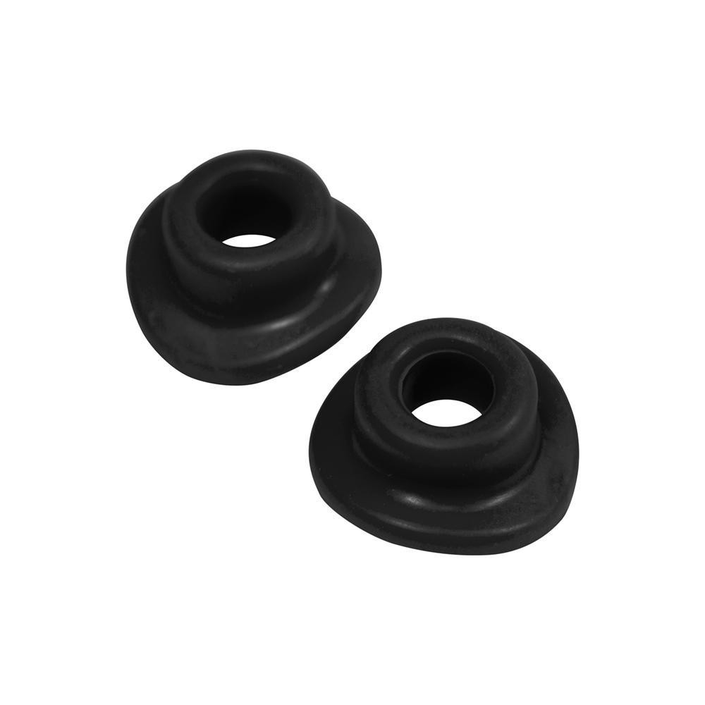 Black silicone valve cap seals in a 2-pack, featuring a smooth, rounded design with a central opening for easy installation on valves.