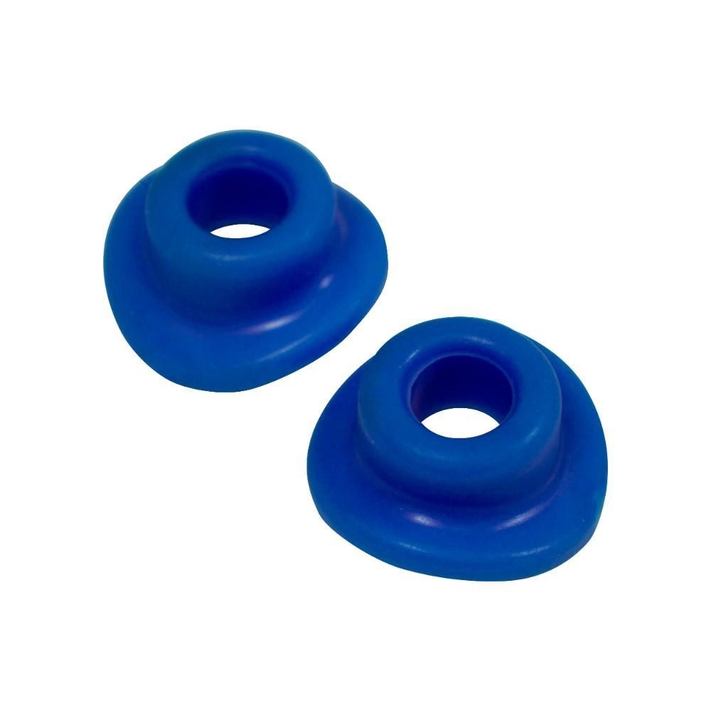 Two blue silicone valve cap seals from Apico, featuring a smooth, rounded design with a central opening, packaged as a 2-pack.