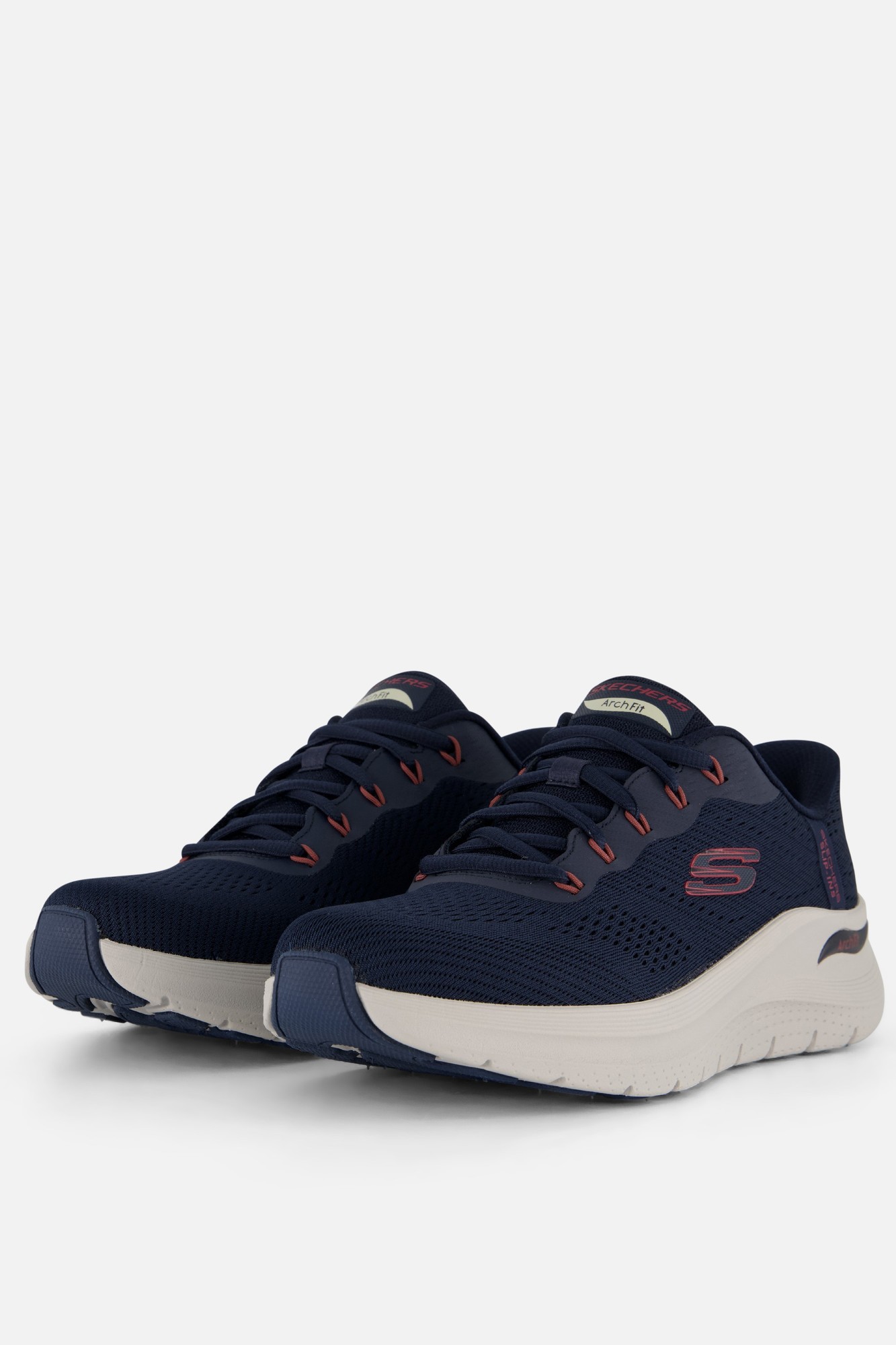Skechers Men Arch Fit 2.0 Lestur Trainer in navy blue with breathable mesh upper, cushioned sole, and contrasting red accents, size 10.
