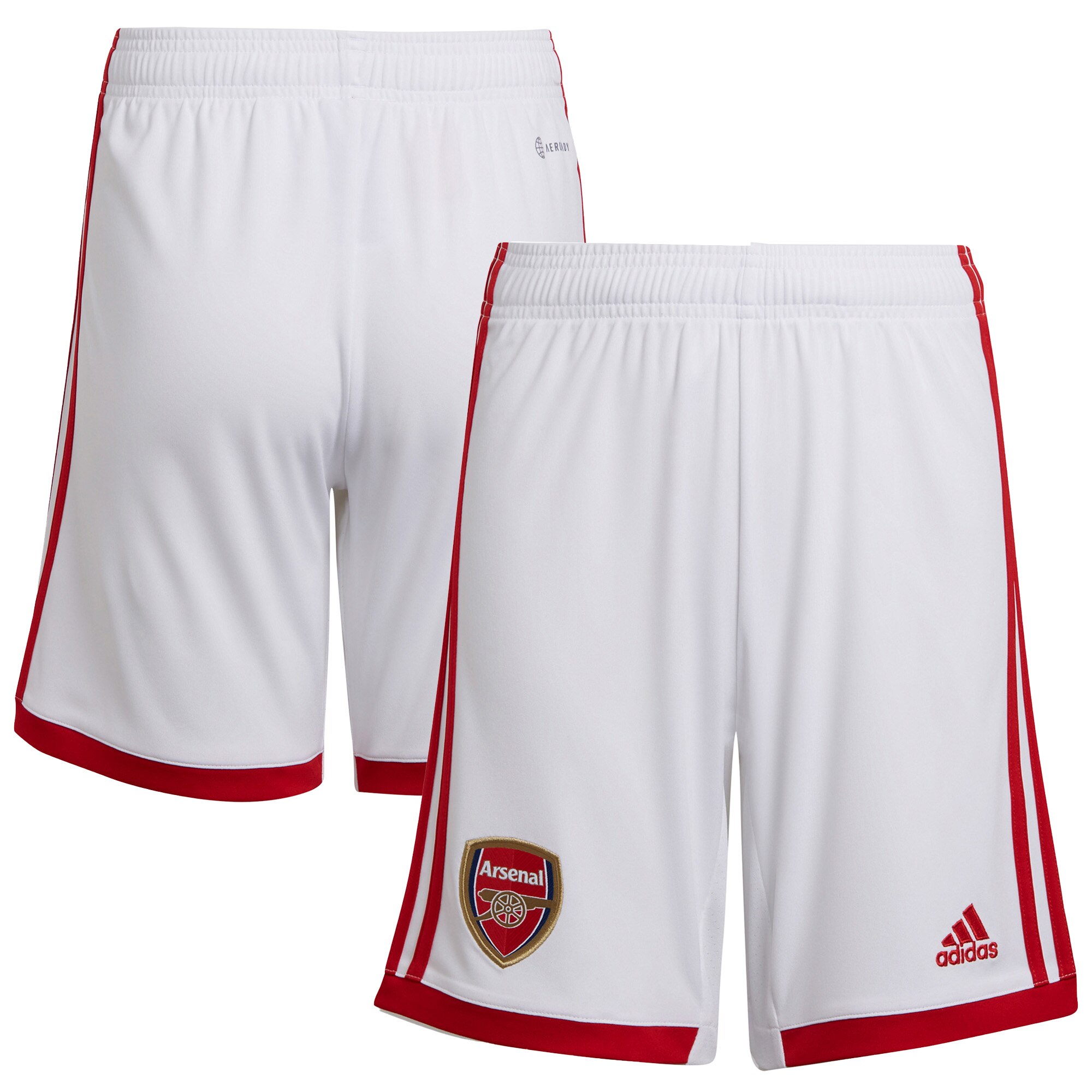 White Adidas football shorts featuring red side stripes, an Arsenal logo on the left leg, and the Adidas logo on the right leg, made from lightweight material.