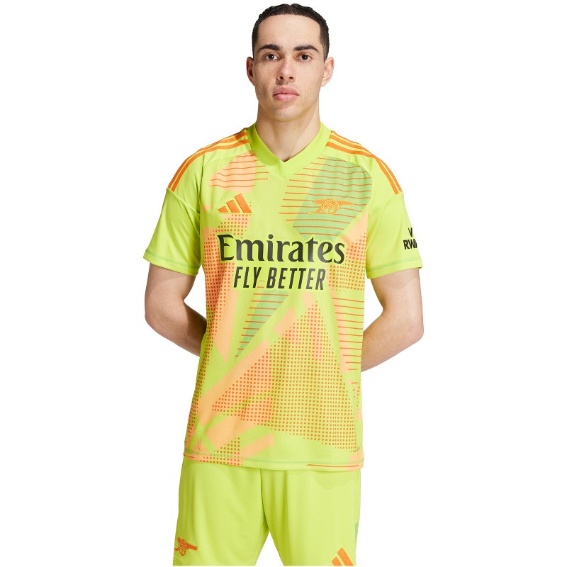 Bright yellow 2024-2025 Arsenal Home Goalkeeper Shirt featuring geometric patterns, short sleeves, and "Emirates Fly Better" branding, made from lightweight, breathable material.