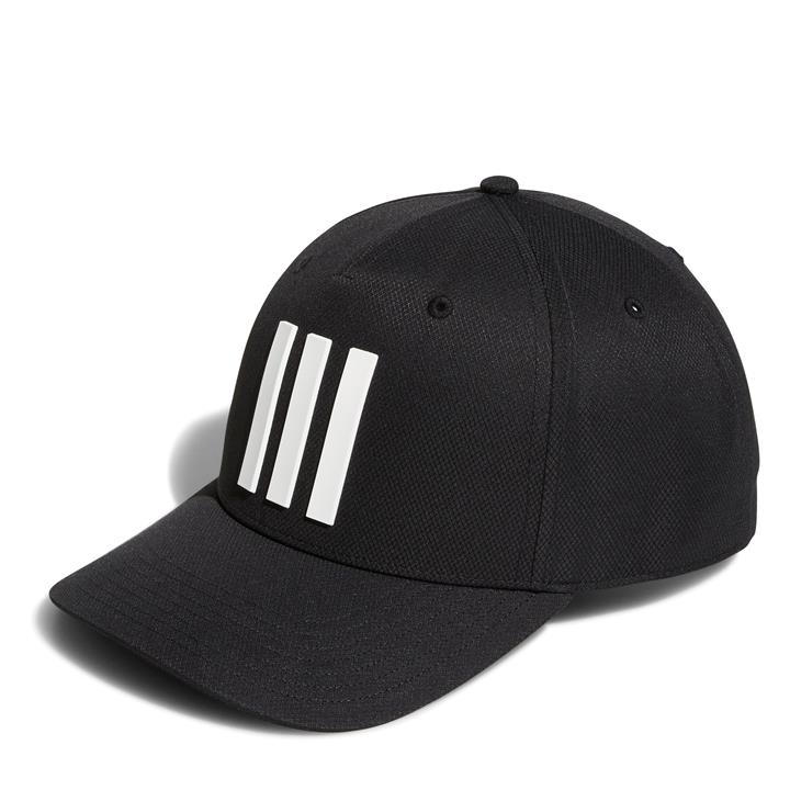 Black Adidas 3-Stripes Tour Hat featuring three prominent white stripes on the front, made from breathable material with a curved brim and adjustable fit.