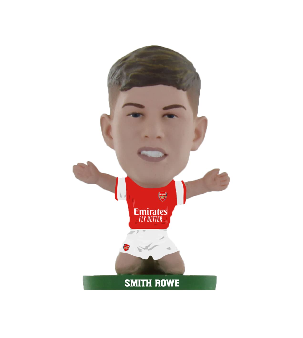 Emile Smith Rowe mini figure wearing an Arsenal red jersey with white sleeves, featuring the Emirates logo, standing on a green base labeled "SMITH ROWE."