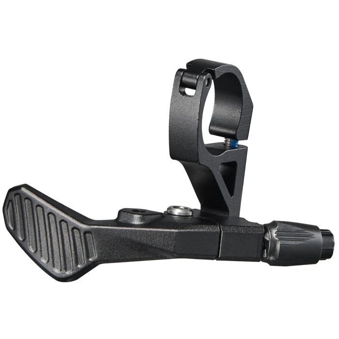 Black aluminum dropper seatpost lever with a textured grip, featuring a clamp for easy attachment and a smooth actuation mechanism for precise shifting.